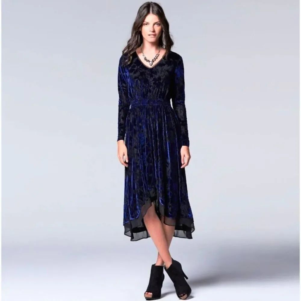 Simply Vera blue black velvet burnout stretch midi long sleeve hi lo dress M